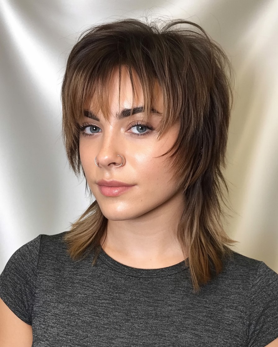 woman with modern mullet haircut, cropped top layers and longer back styled to flatter round face

