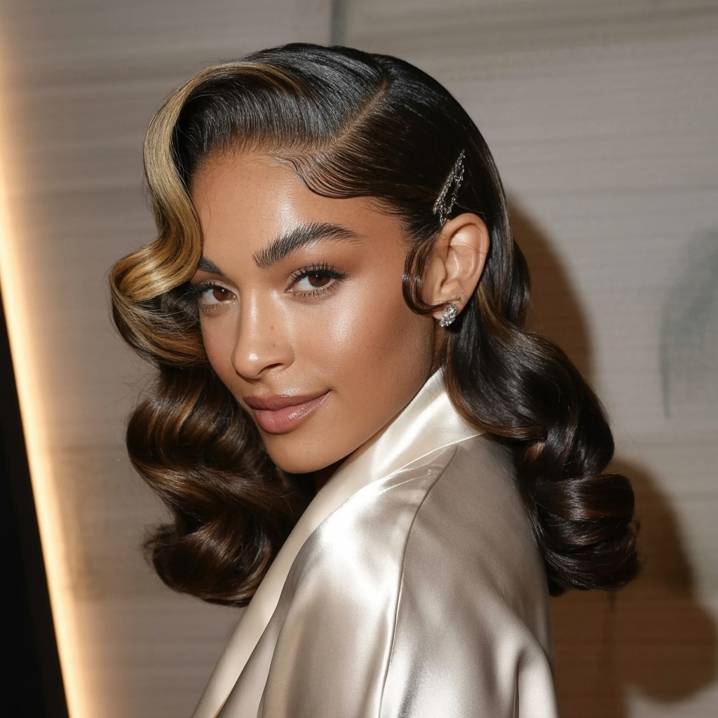 woman with deep side-parted Old Hollywood waves and sculpted curls, flattering for round face shapes

