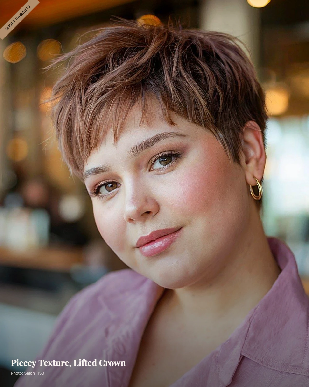 Piecey pixie cut with choppy crown texture and tapered sides on a round face