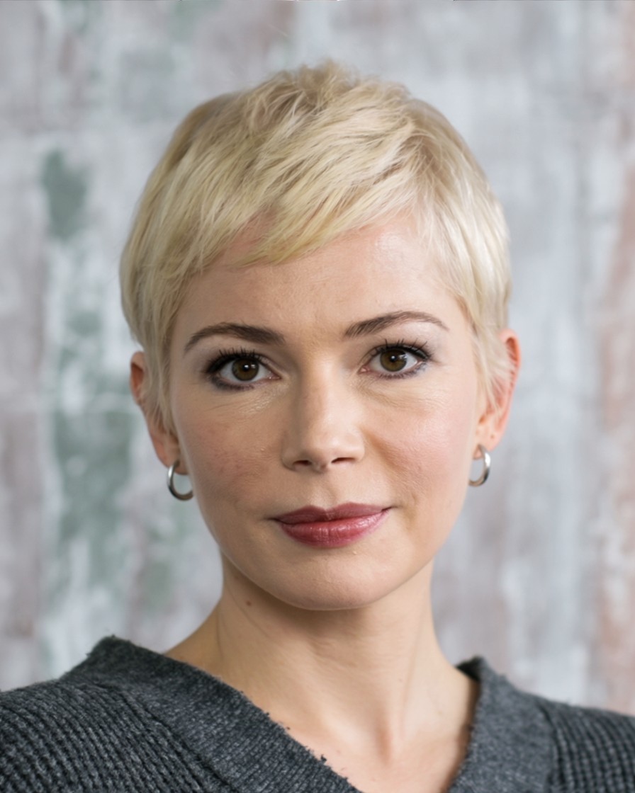 woman with short piecey pixie cut and choppy texture, flattering for round face shape

