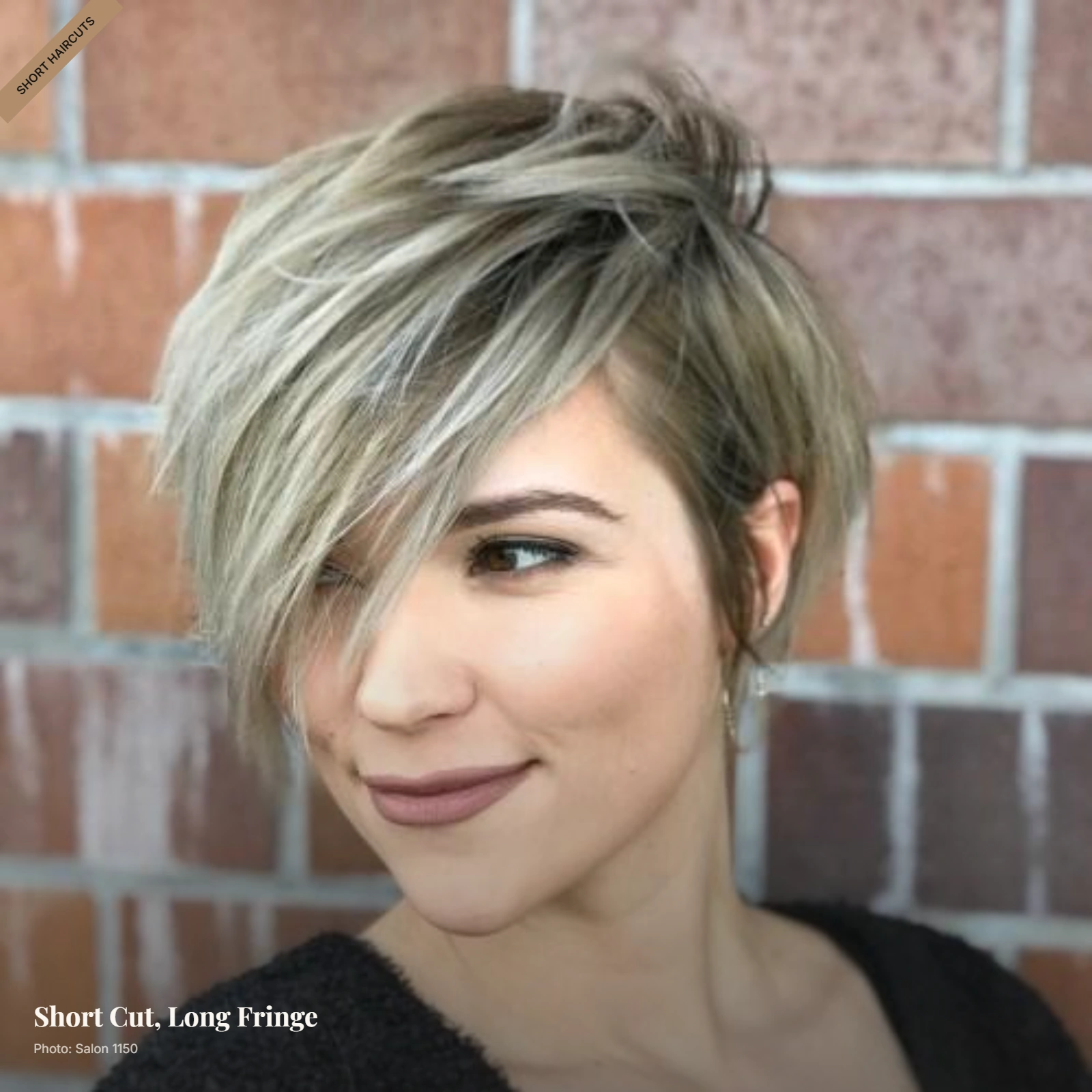 Textured pixie with long side-swept bangs and neat tapered sides framing a round face