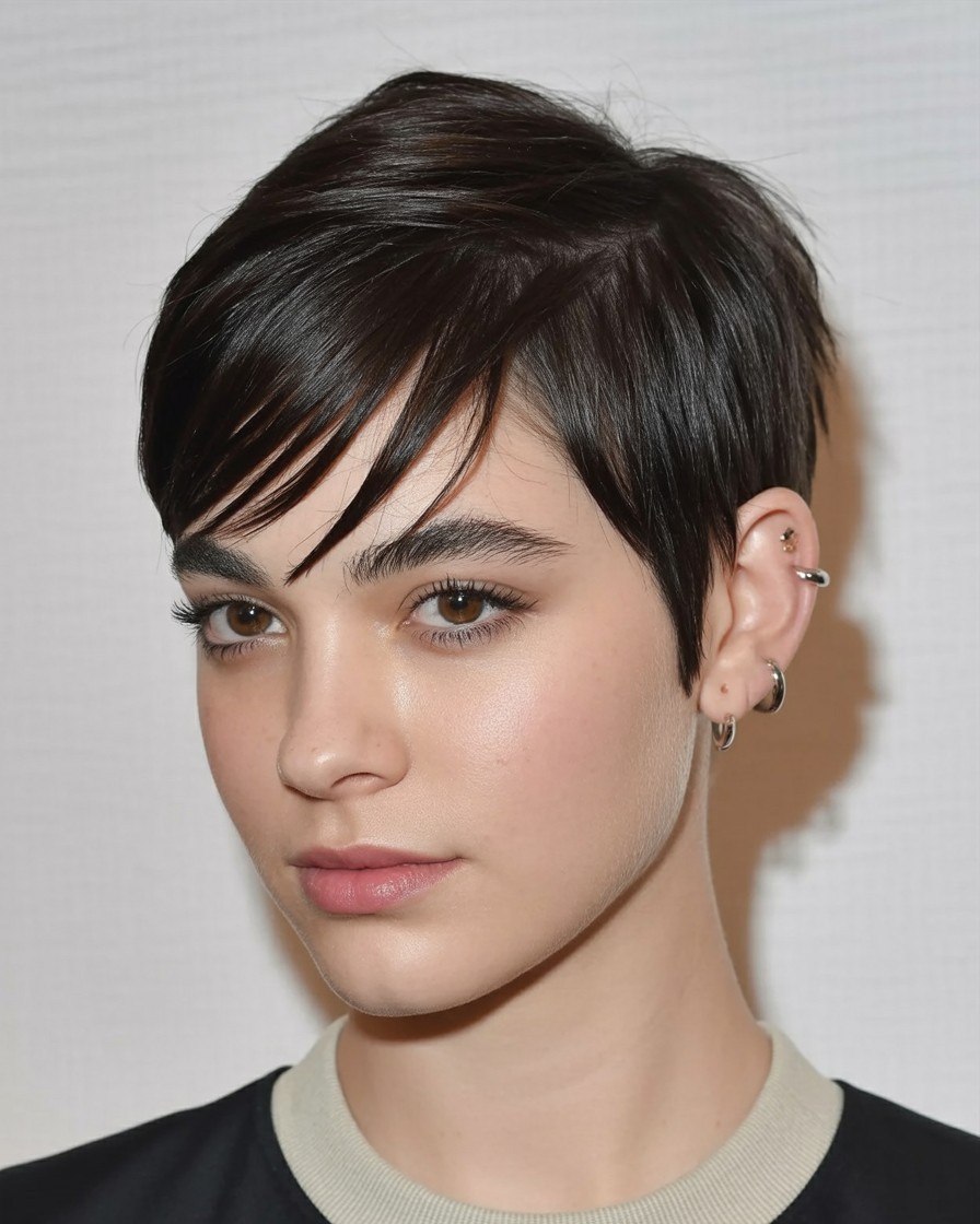 woman with short pixie cut and long side bangs, textured and styled to flatter a round face

