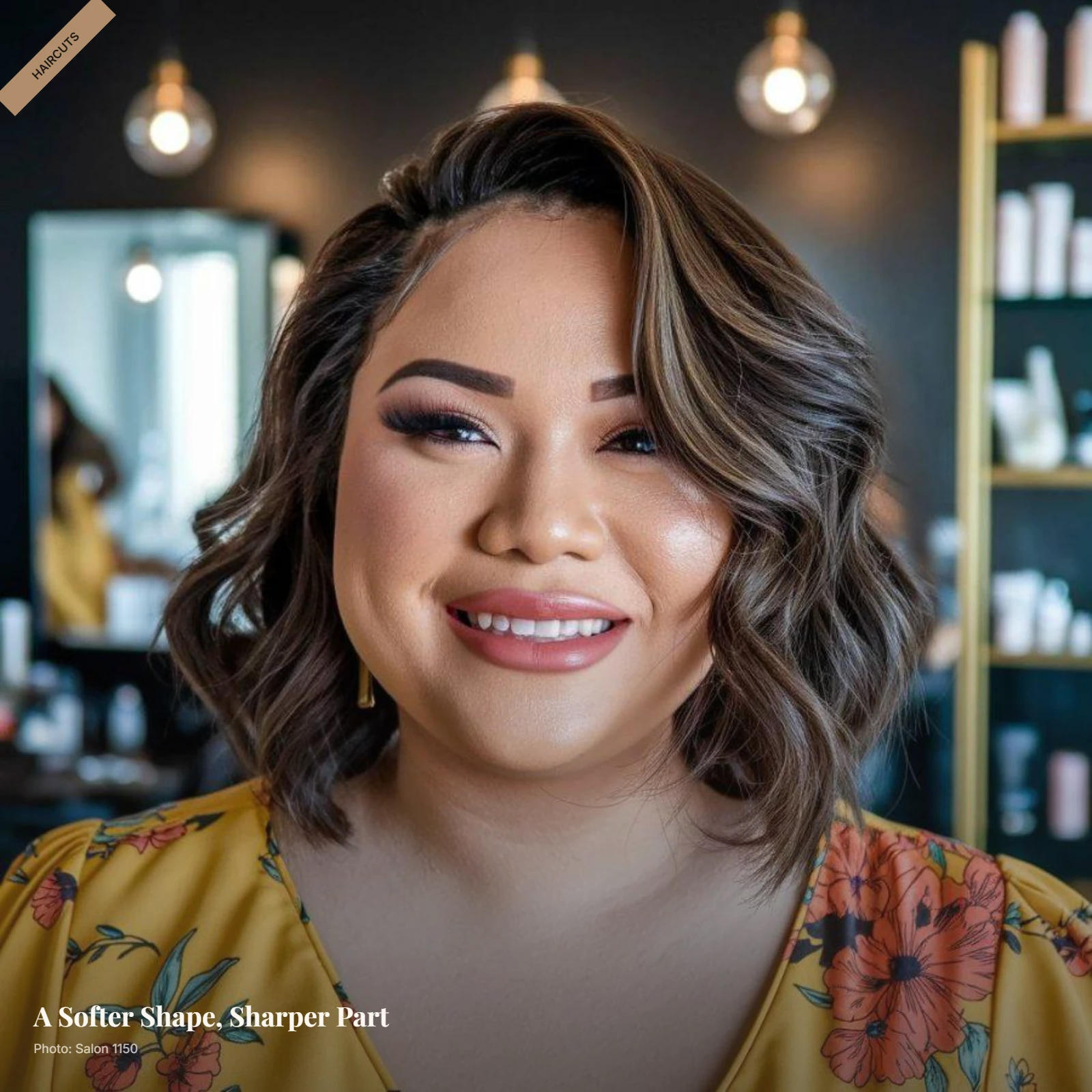Rounded jaw-length bob with a deep side part and lifted roots framing a round face