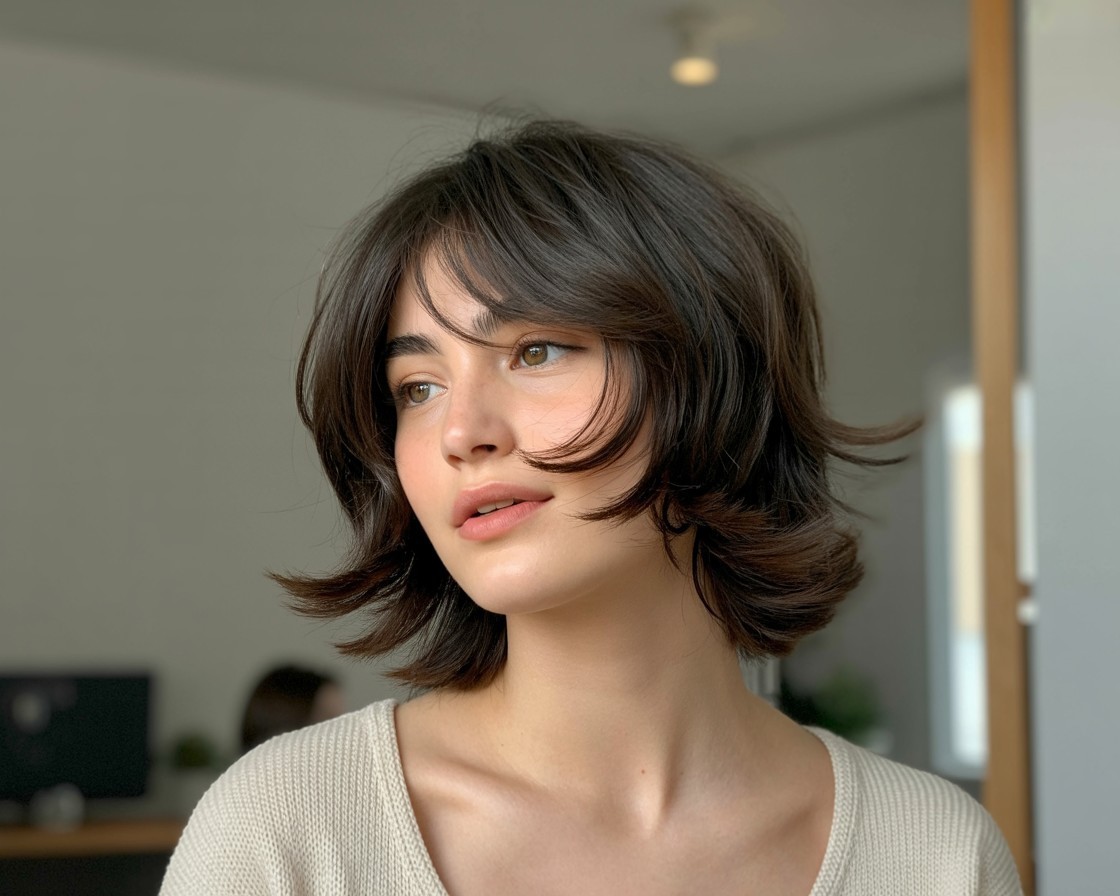 Girl with a round face wearing a shag haircut with textured layers and a short fringe, styled in a tousled, casual way.

