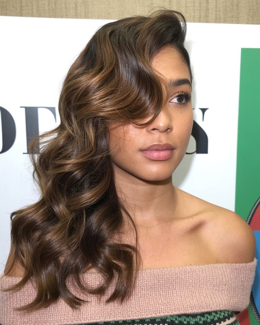 woman with long side-swept waves, flowing over one shoulder to flatter a round face shape

