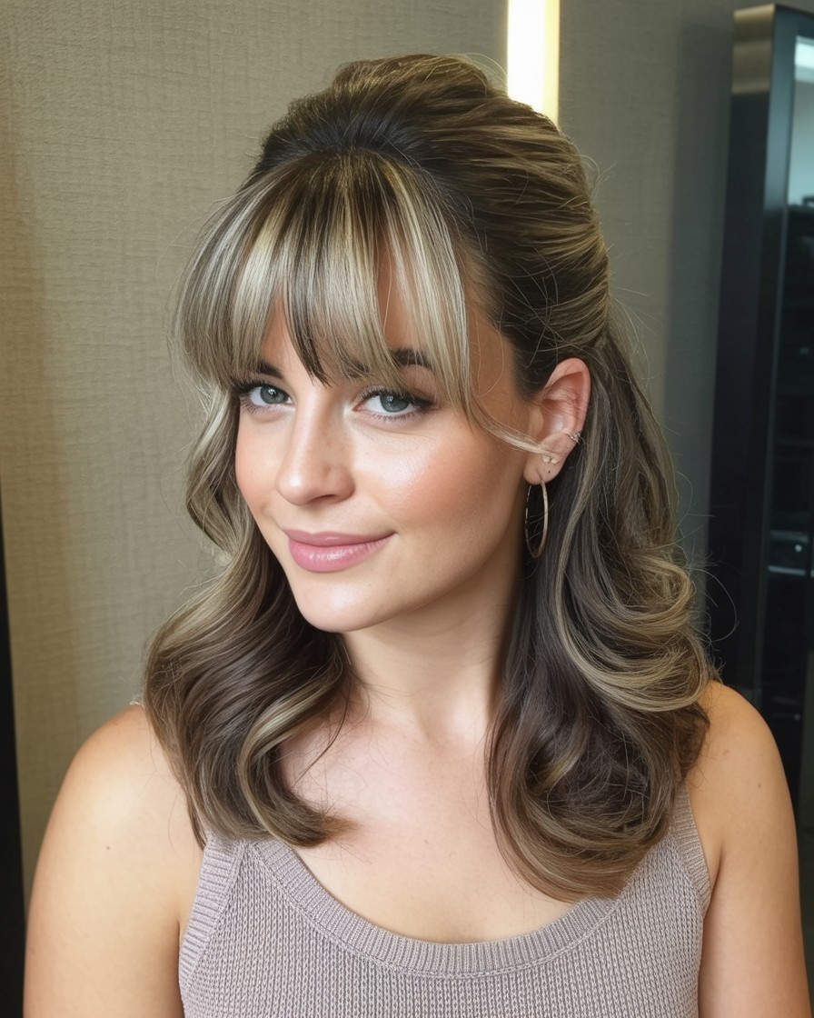 woman with soft curtain bangs and teased crown, flattering layered style for round face shape