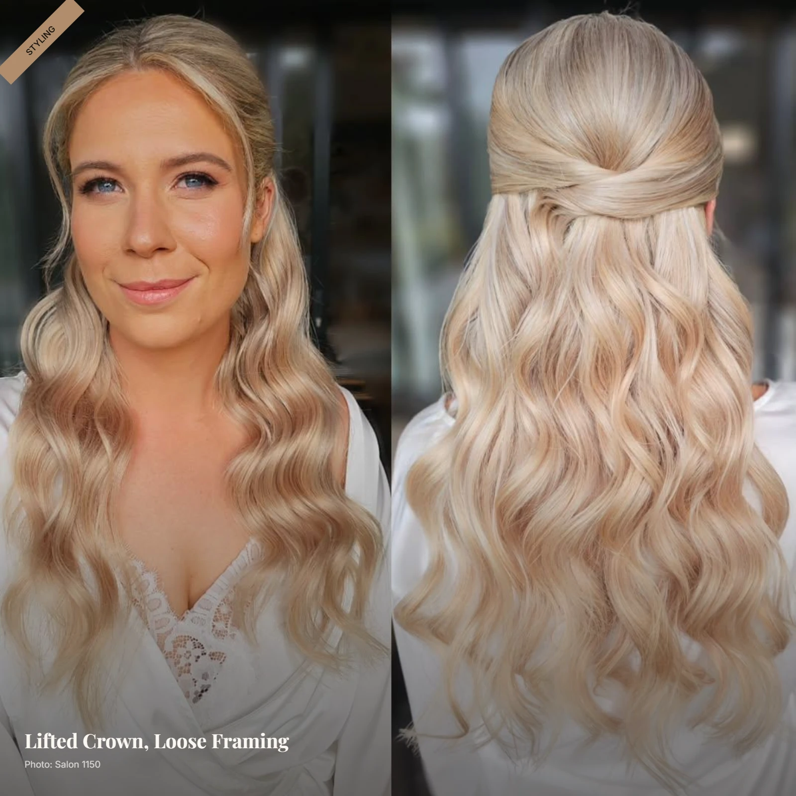 Half-up half-down style with crown volume, soft waves and loose face-framing strands