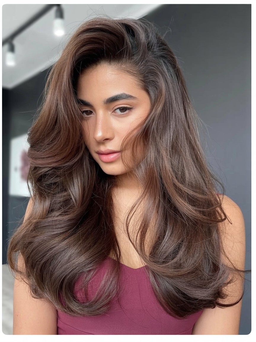 Woman with a voluminous blowout hairstyle featuring bouncy layers and lifted roots

