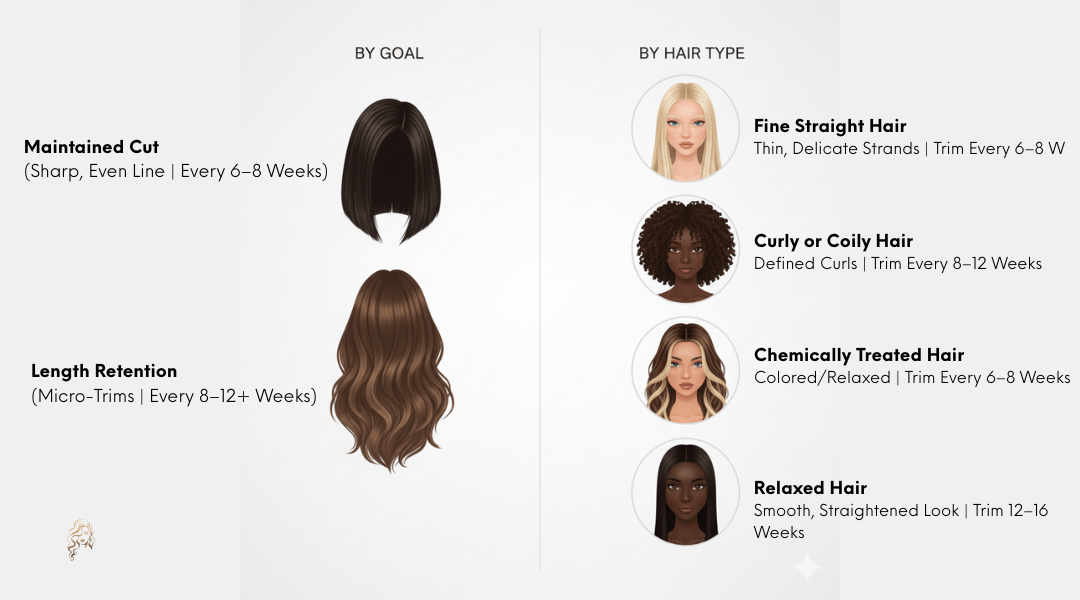 Infographic showing how often to trim hair by goal and hair type. Left: maintained bob cut every 6–8 weeks, length retention with micro-trims every 8–12+ weeks. Right: fine straight hair trims every 6–8 weeks, curly or coily hair trims every 8–12 weeks, chemically treated hair trims every 6–8 weeks, relaxed hair trims every 12–16 weeks.