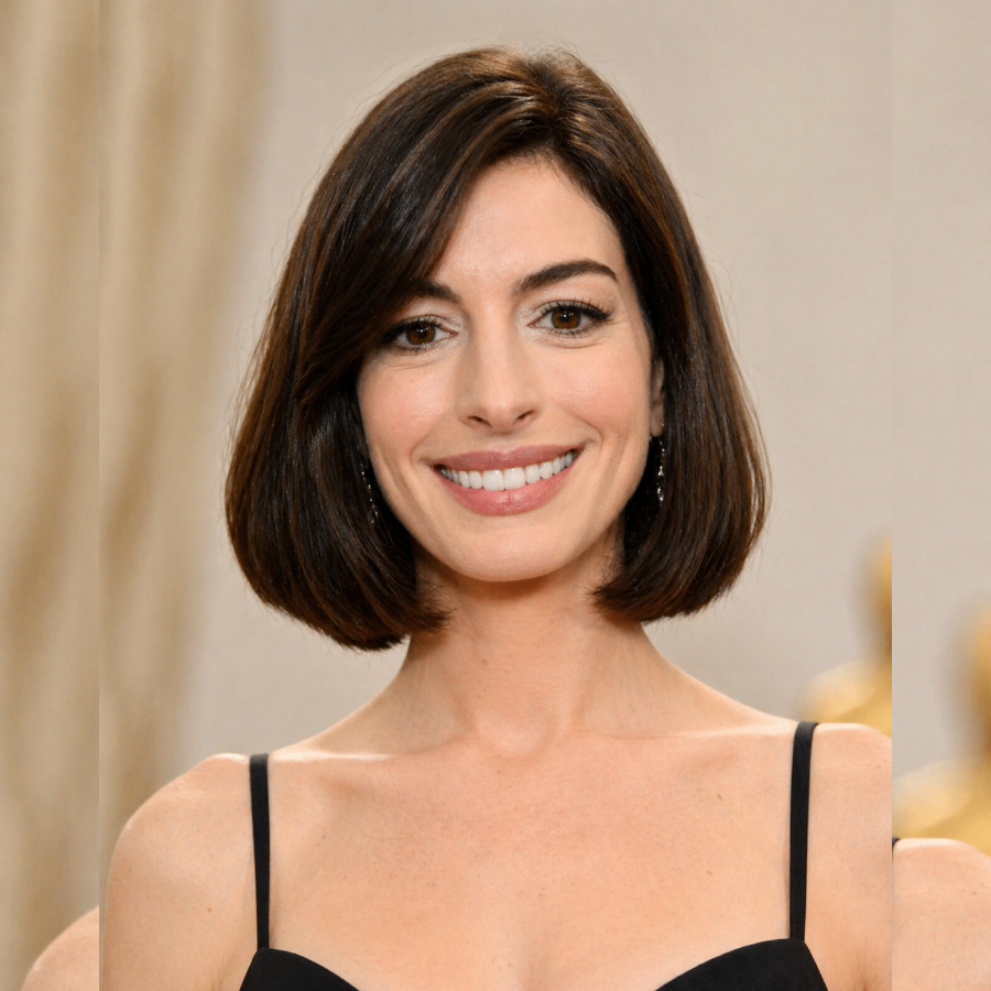 Anne Hathaway inspired short bob haircut with smooth texture, soft layers, and dark brown hair in a classic elegant style