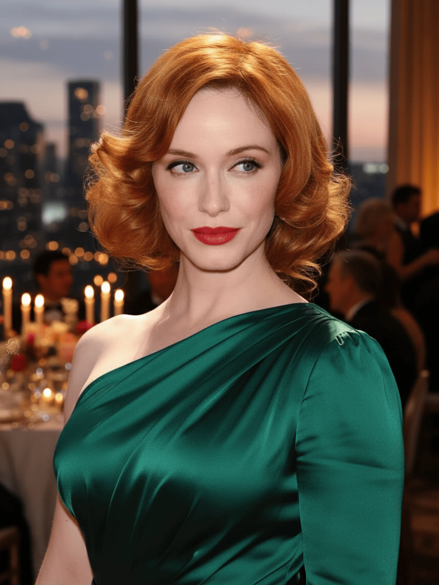 Christina Hendricks wearing an emerald satin one-shoulder gown with a voluminous red retro bob, standing in a softly lit ballroom with candles and city lights behind her.