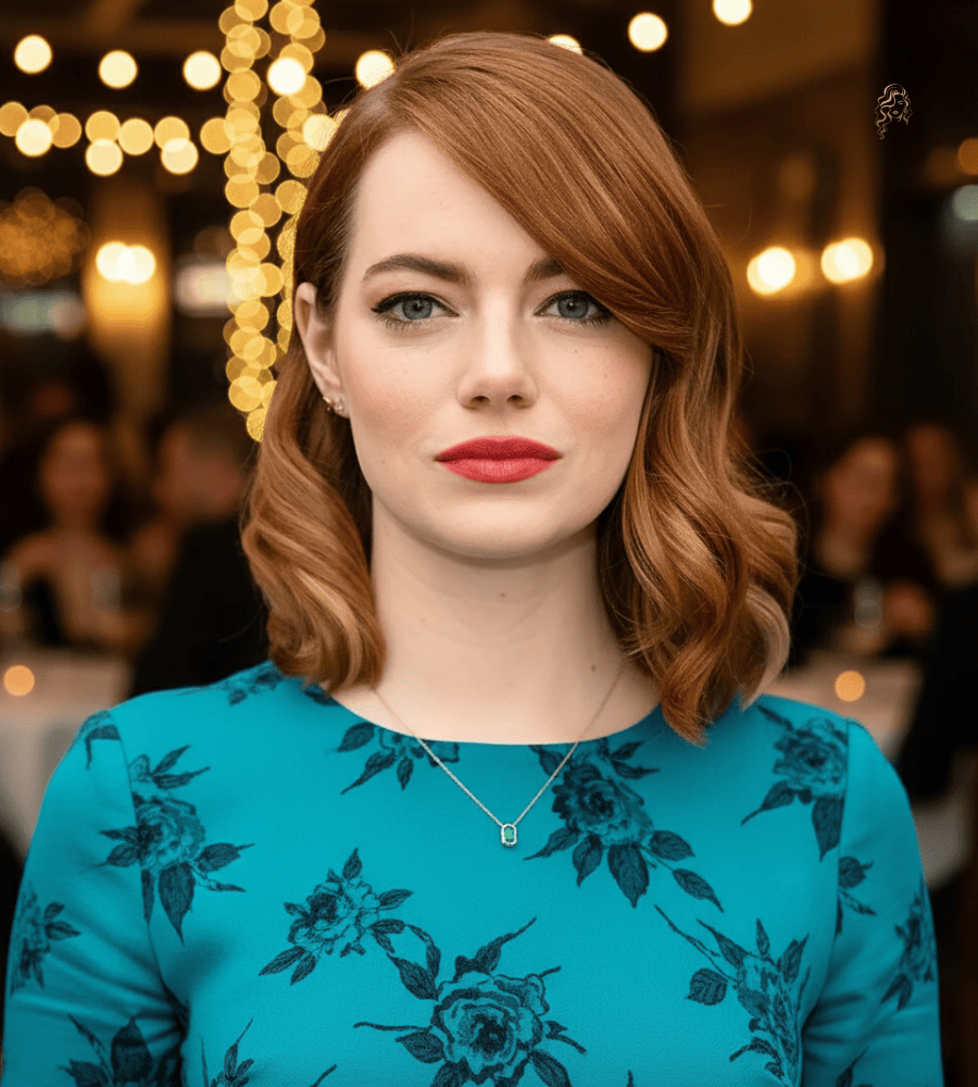 Emma Stone with a romantic lob featuring soft waves, copper tones, and a deep side part for a classic elegant look.