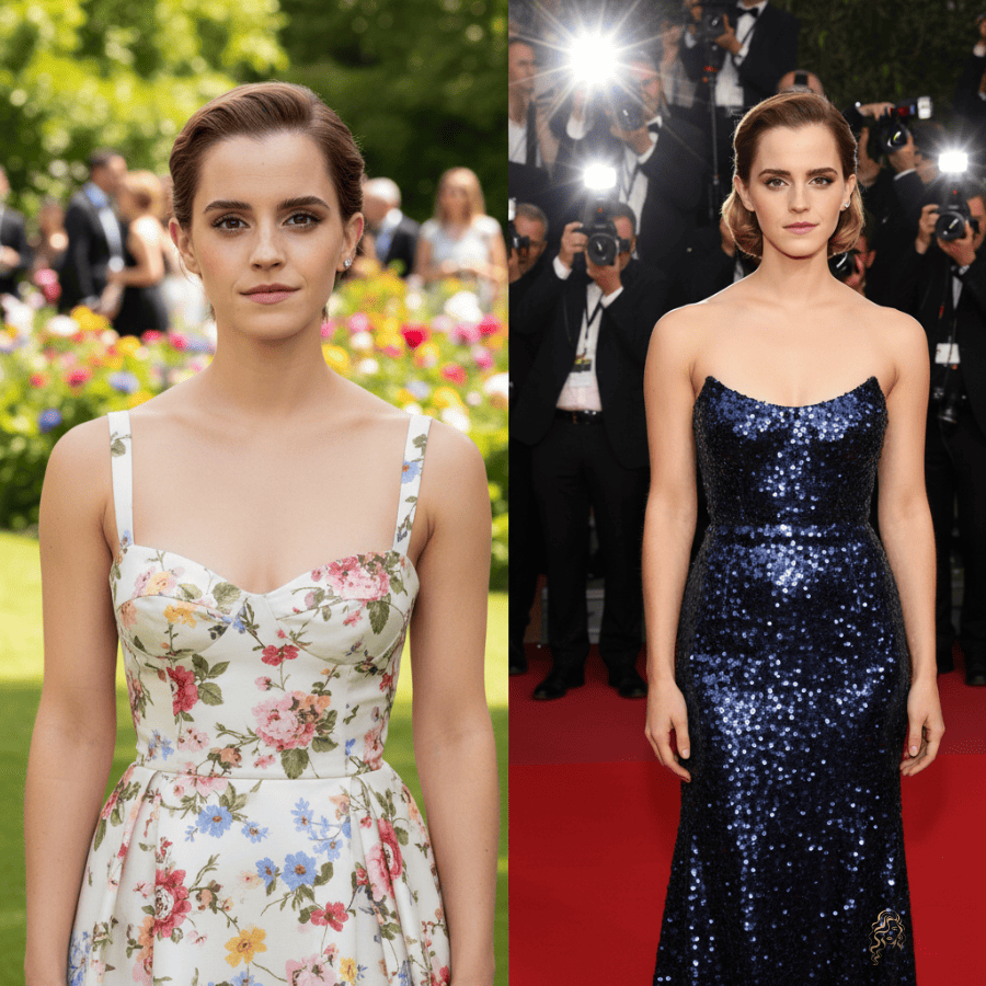 Emma Watson wearing a floral garden dress and a navy sequin gown, both highlighting her sleek bob styled with a side part and smooth layers, photographed outdoors and on the red carpet.