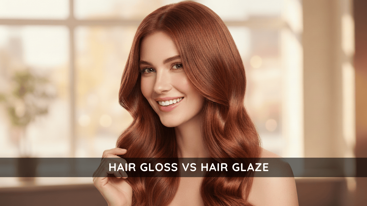 Smiling woman with long, glossy auburn hair in soft waves, used as a visual for “Hair Gloss vs Hair Glaze” comparison.