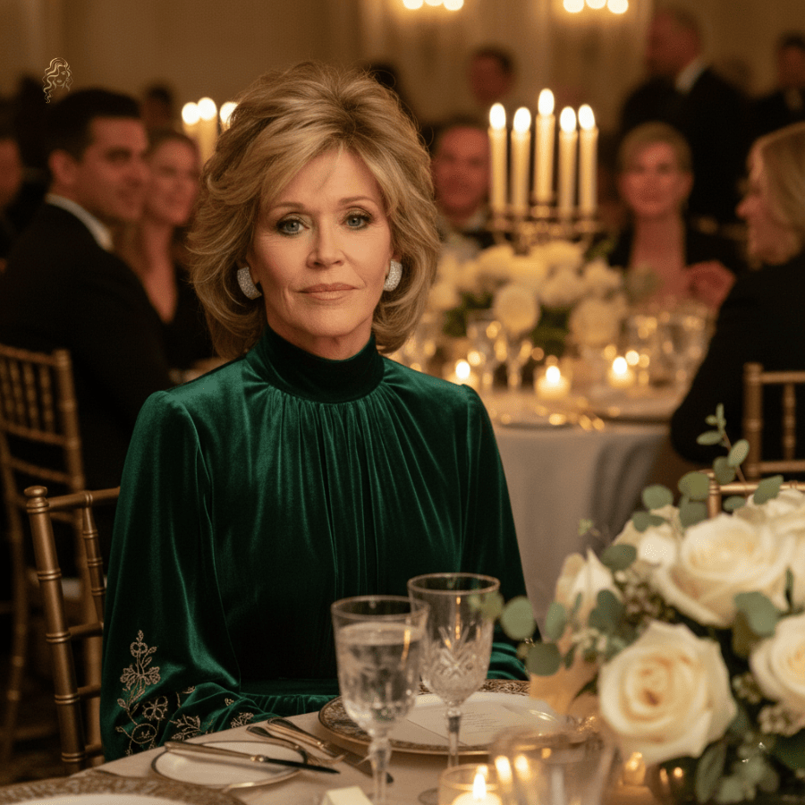 Jane Fonda seated at a candlelit dinner table, wearing an emerald green velvet gown with embroidered sleeves and her signature layered shag hairstyle, surrounded by golden décor and white roses.