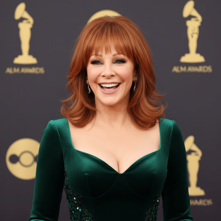 Reba McEntire smiling on the red carpet in an emerald green velvet gown, wearing a shoulder-length copper-red lob with blunt-cut bangs and soft layers under event lighting.