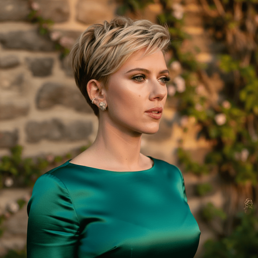 Scarlett Johansson wearing a textured pixie cut with tousled layers and subtle blonde highlights, styled with soft volume against a stone wall backdrop.
