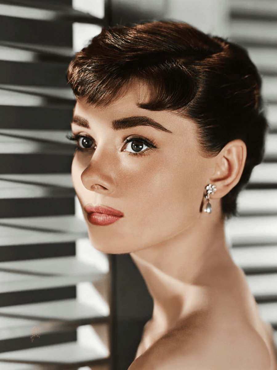 Audrey Hepburn with a boyish crop featuring soft bangs, smooth contour, and classic elegance in a timeless short hairstyle.
