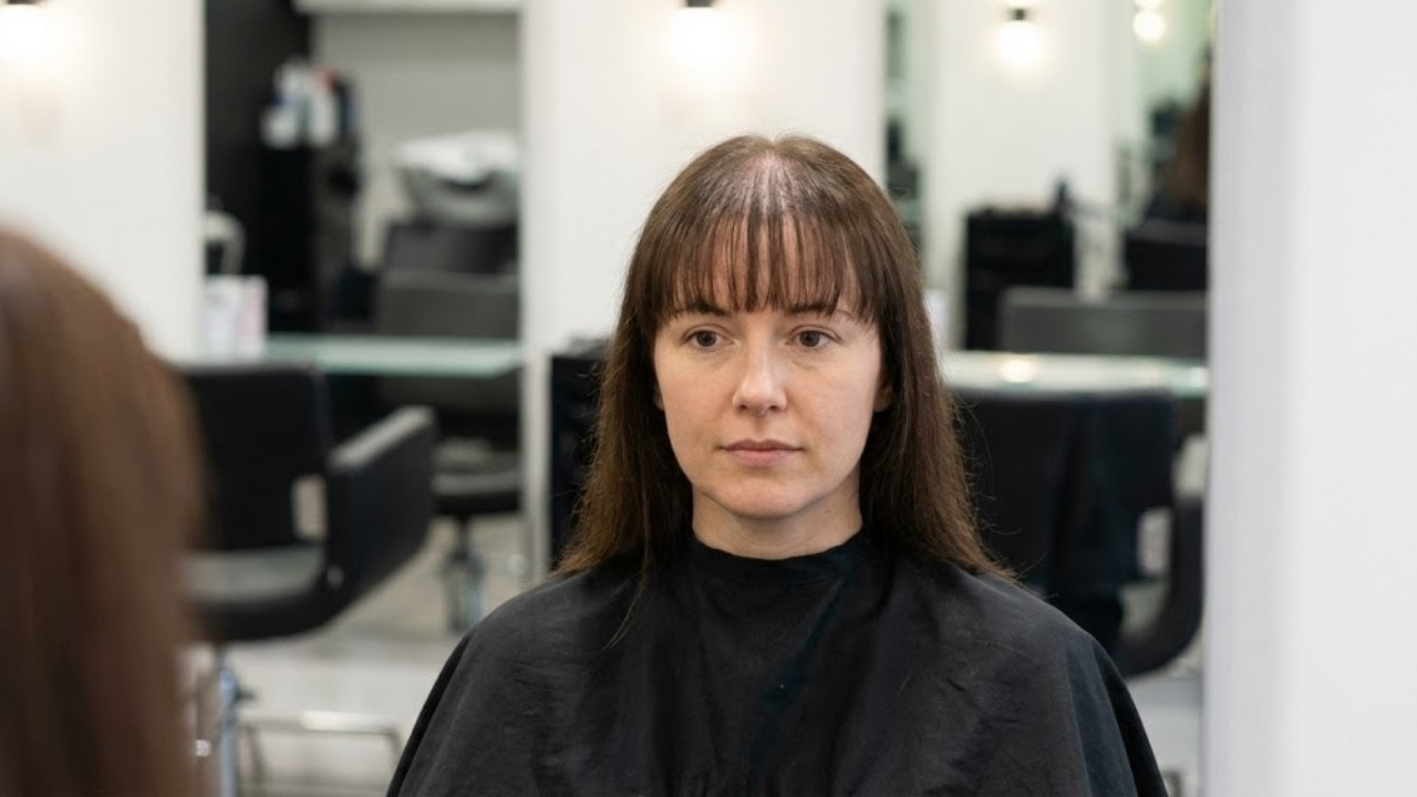 Blunt heavy bangs on thin hair highlighting visible gaps at the hairline, showing why this fringe style requires high density and longer maintenance cycles.