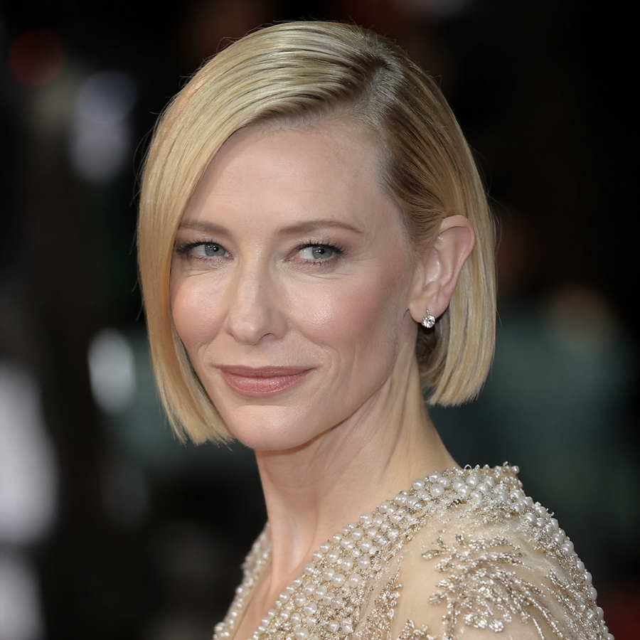 Cate Blanchett sleek blonde bob short haircut with side part and polished red carpet styling