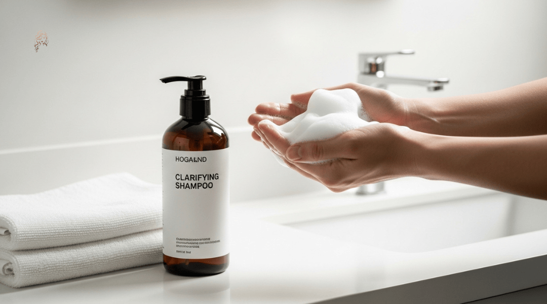 Clarifying shampoo and towel showing hair prep before at-home gloss