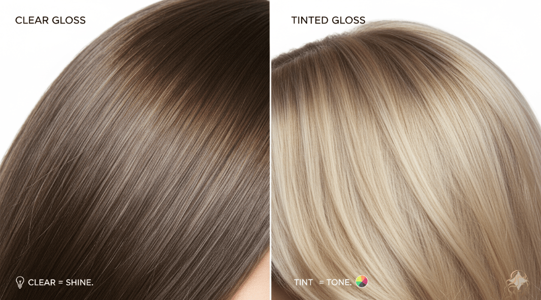 Side by side comparison of clear hair gloss for shine and tinted hair gloss for tone on smooth, glossy hair