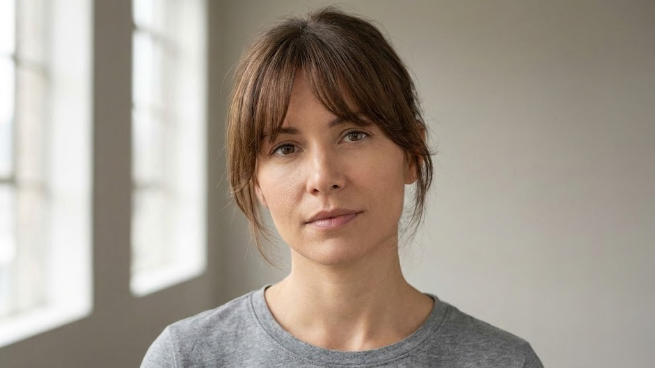 Curtain bangs on thin hair showing soft coverage at the front hairline, creating a fuller face-framing effect and natural grow-out blend.