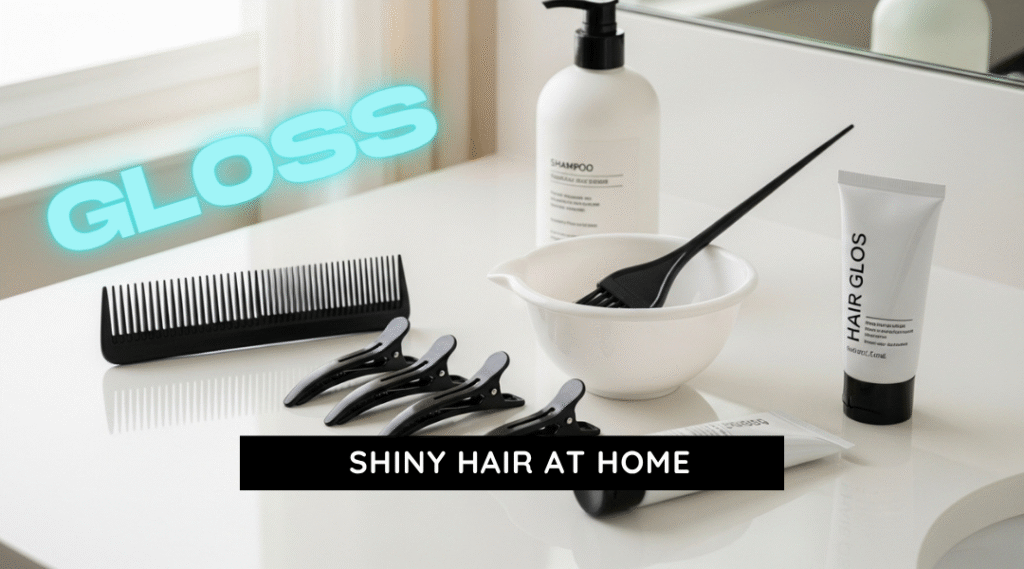 Flatlay of at-home hair gloss kit with comb, clips, bowl, and gloss tube on bathroom counter