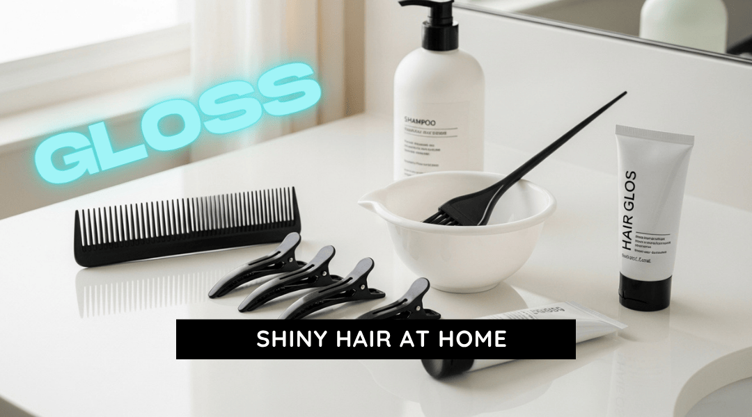 Flatlay of at-home hair gloss kit with comb, clips, bowl, and gloss tube on bathroom counter