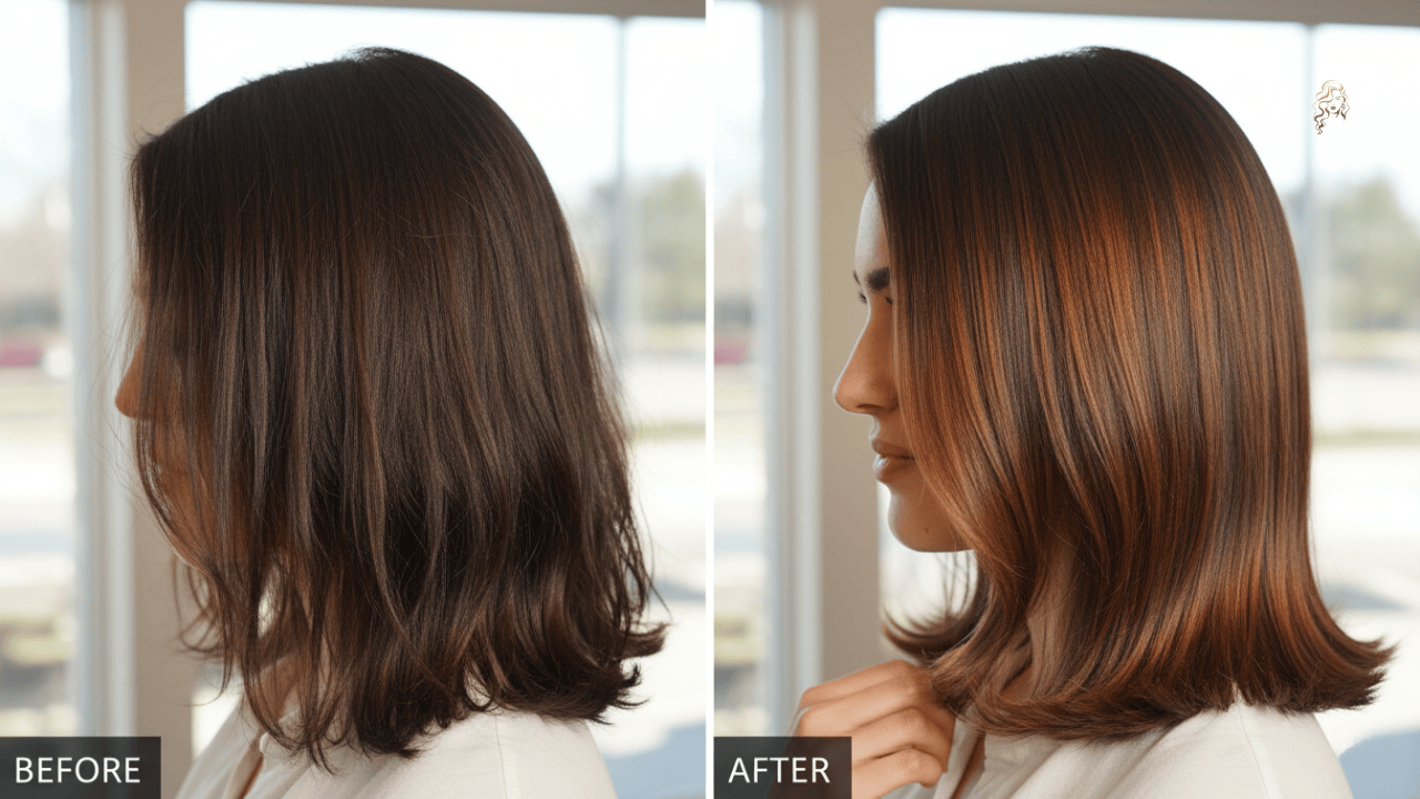 Before-and-after photo showing how a hair gloss treatment refreshes faded brown hair with richer tone and shine
