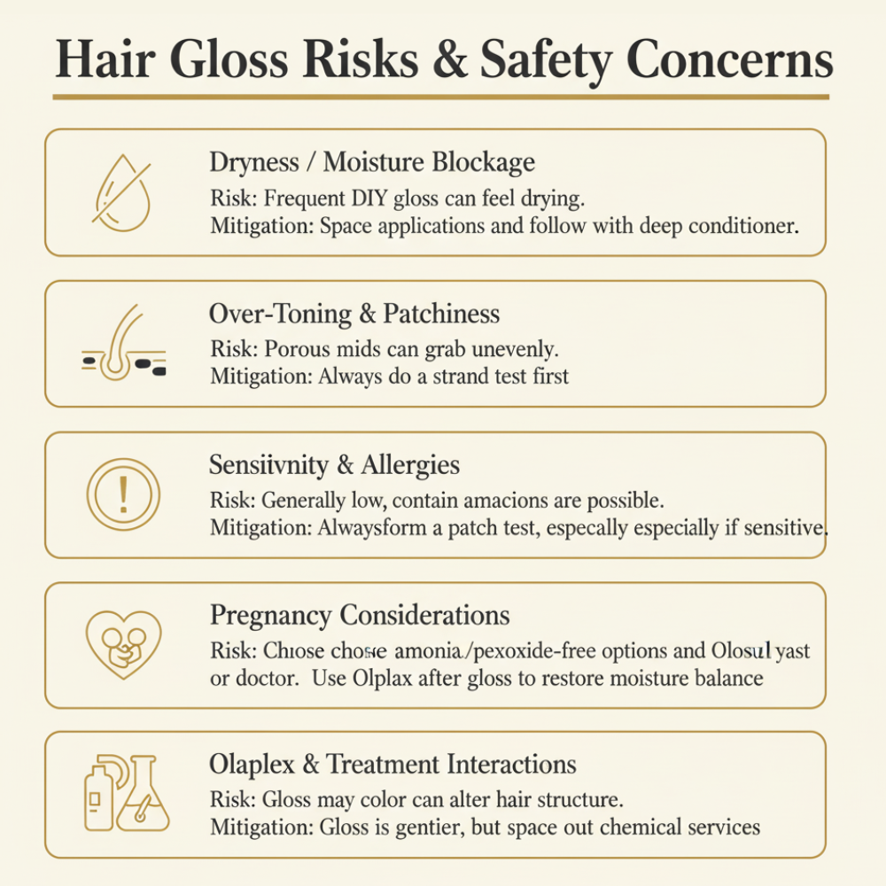 Infographic showing hair gloss risks and safety concerns including dryness, over-toning, allergies, pregnancy considerations, and Olaplex interactions.