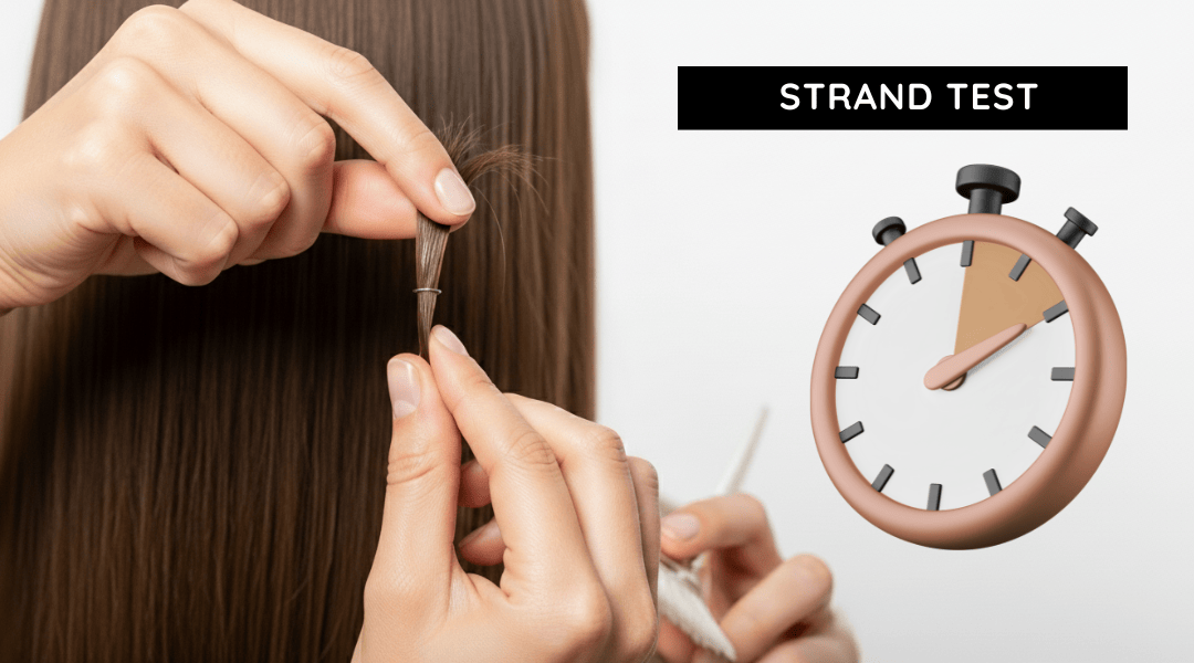 Strand test for hair gloss showing timing steps on a hidden section