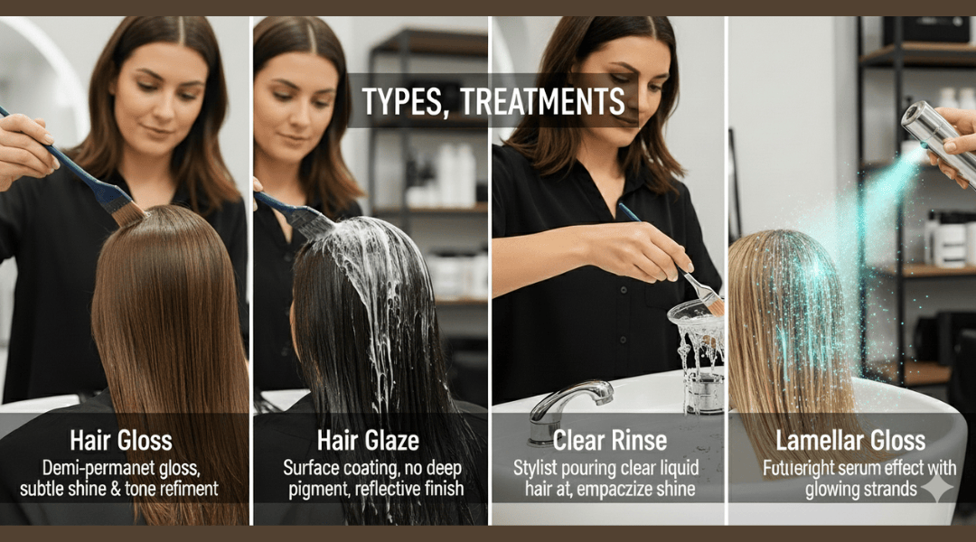 Comparison of hair gloss, glaze, clear rinse, and lamellar gloss treatments showing differences in shine, depth, and longevity.