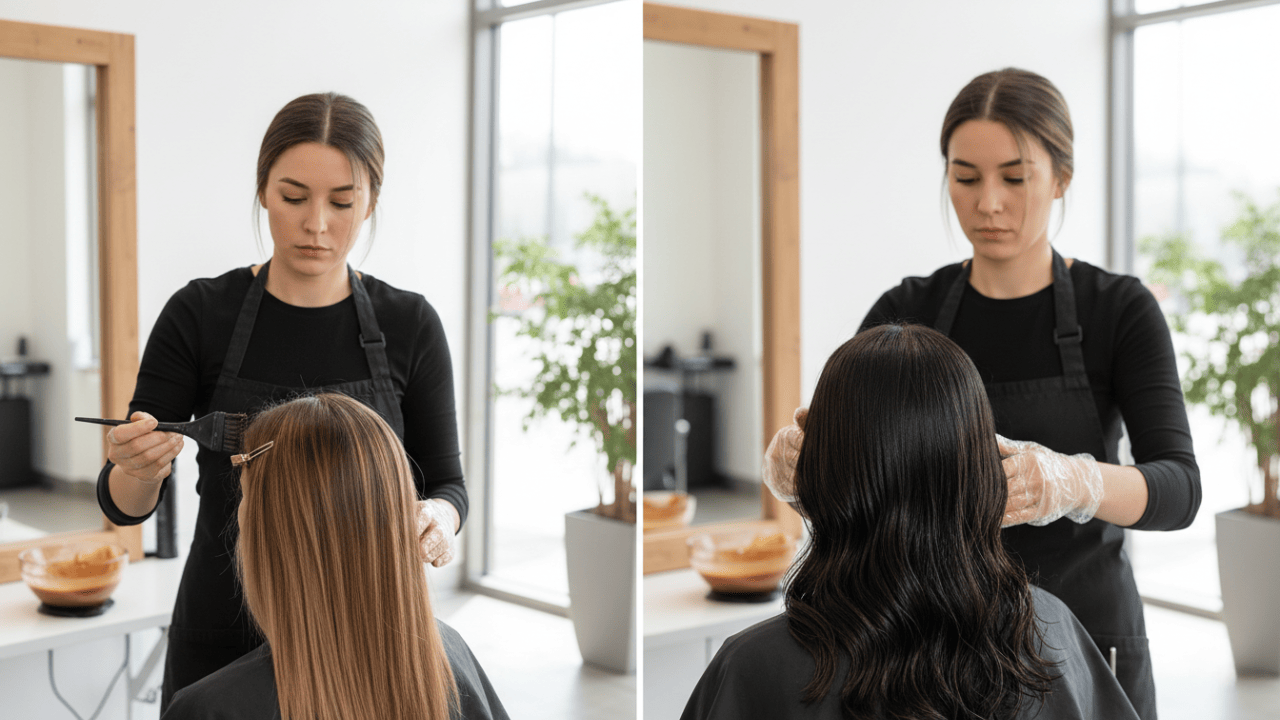 Side-by-side comparison of hair gloss penetrating for tone adjustment and hair glaze coating the surface for shine