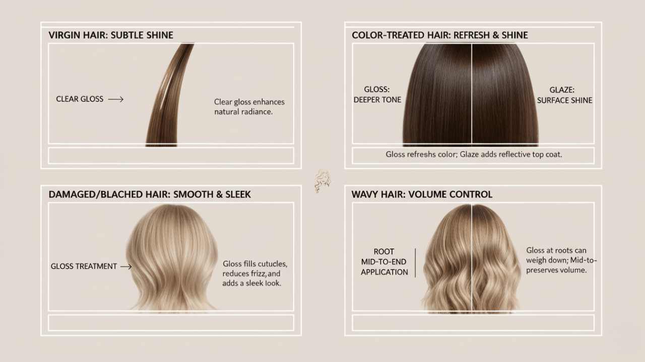 Infographic showing how hair gloss and glaze affect different hair types: virgin hair with subtle shine, color-treated hair with tone refresh, damaged hair appearing smoother, and wavy hair where gloss at roots can flatten volume