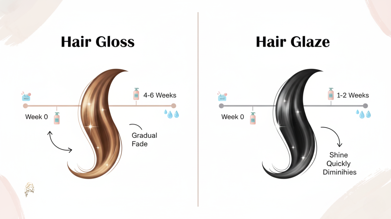 Comparison chart showing hair gloss lasting 4–6 weeks with gradual fade versus hair glaze fading in 1–2 weeks after washes