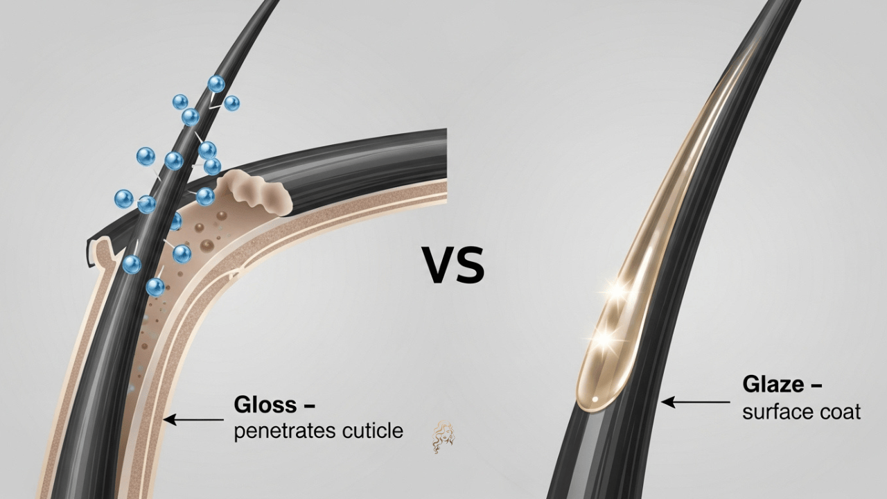 Illustration comparing hair gloss penetrating the cuticle with tone deposits versus hair glaze forming a shiny surface coat on the strand