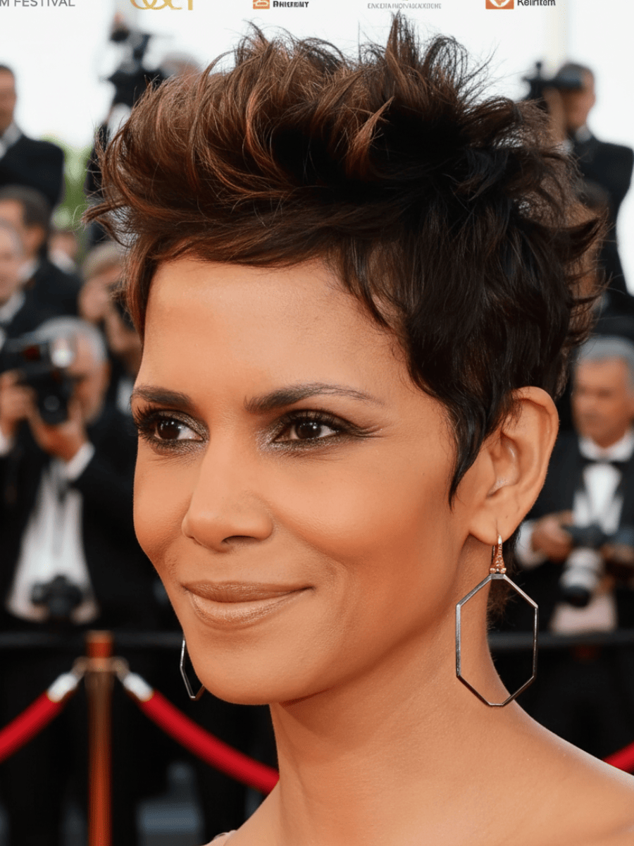 Halle Berry with a tousled pixie cut featuring choppy layers, lifted crown, and textured brown highlights for volume and dimension.