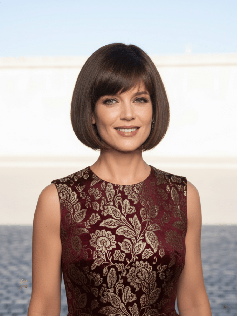 Katie Holmes with a rounded bob featuring smooth curved ends, full fringe, and glossy brunette shine for a polished look.