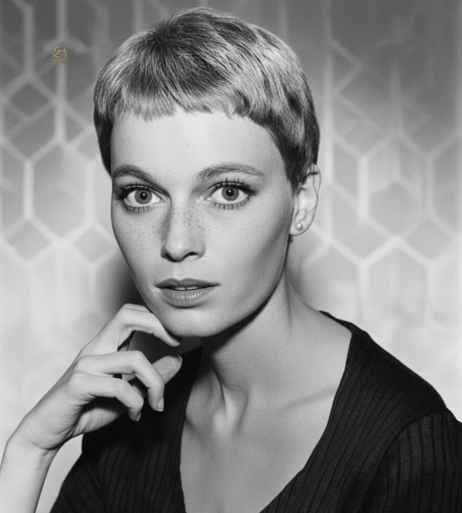 Mia Farrow with a blunt pixie cut featuring even edges and smooth texture for a minimalist, timeless look.
