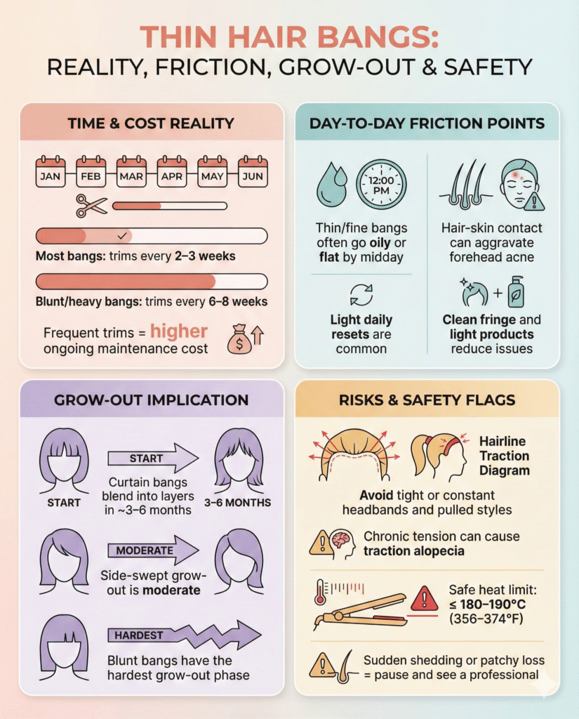 Modern infographic showing bangs upkeep for thin hair, including trim frequency, daily maintenance issues, grow-out timeline, and safety risks with clear timelines and temperature limits.