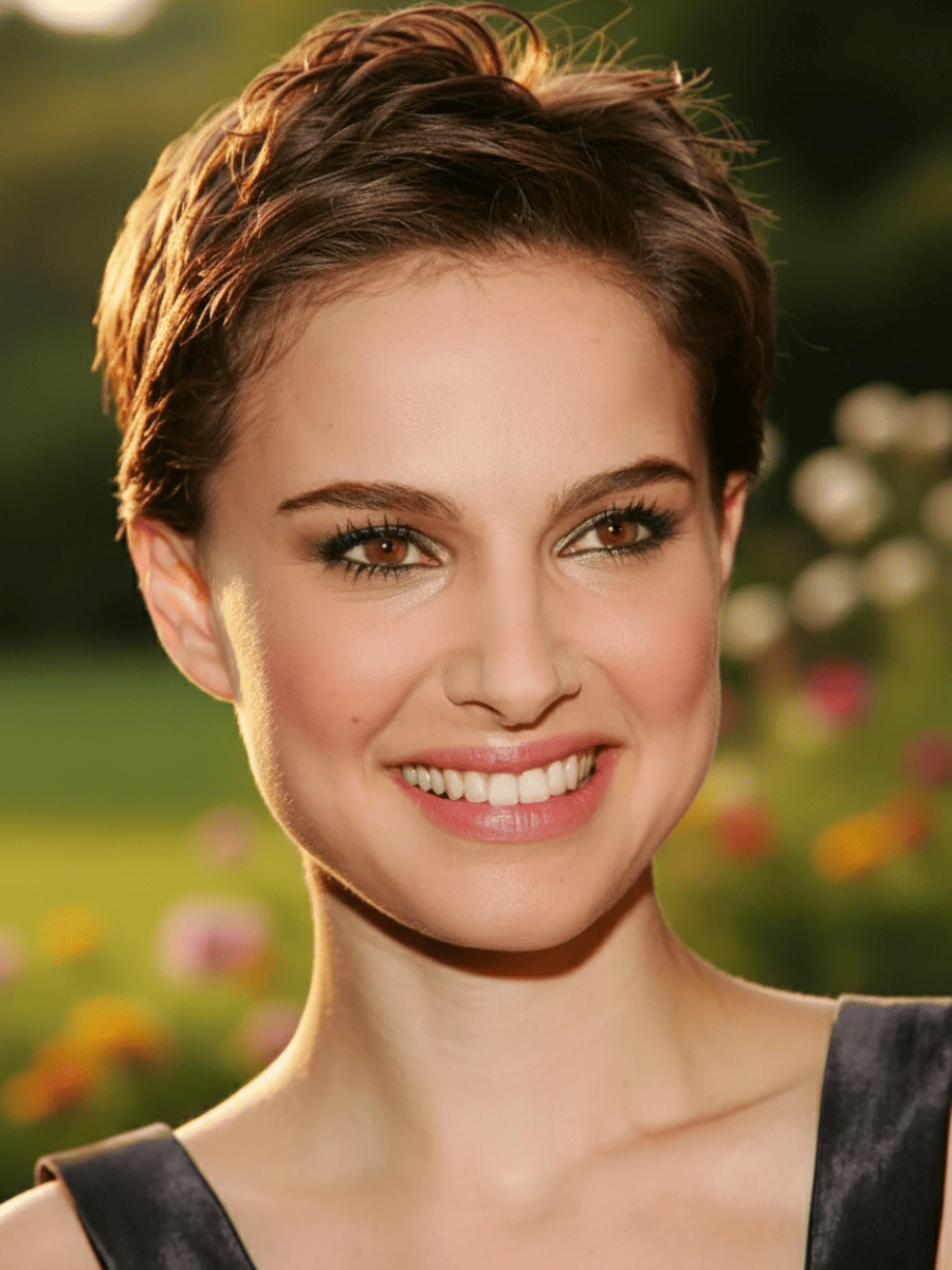 Natalie Portman with a super pixie cut featuring soft texture, cropped sides, and longer top layers for movement.