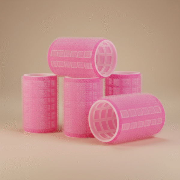 Pink Velcro hair rollers set shown at an angle for heatless curls and volume