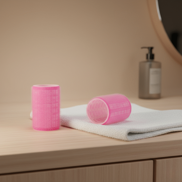 Pink Velcro hair rollers on a vanity towel beside mirror, ready for easy styling