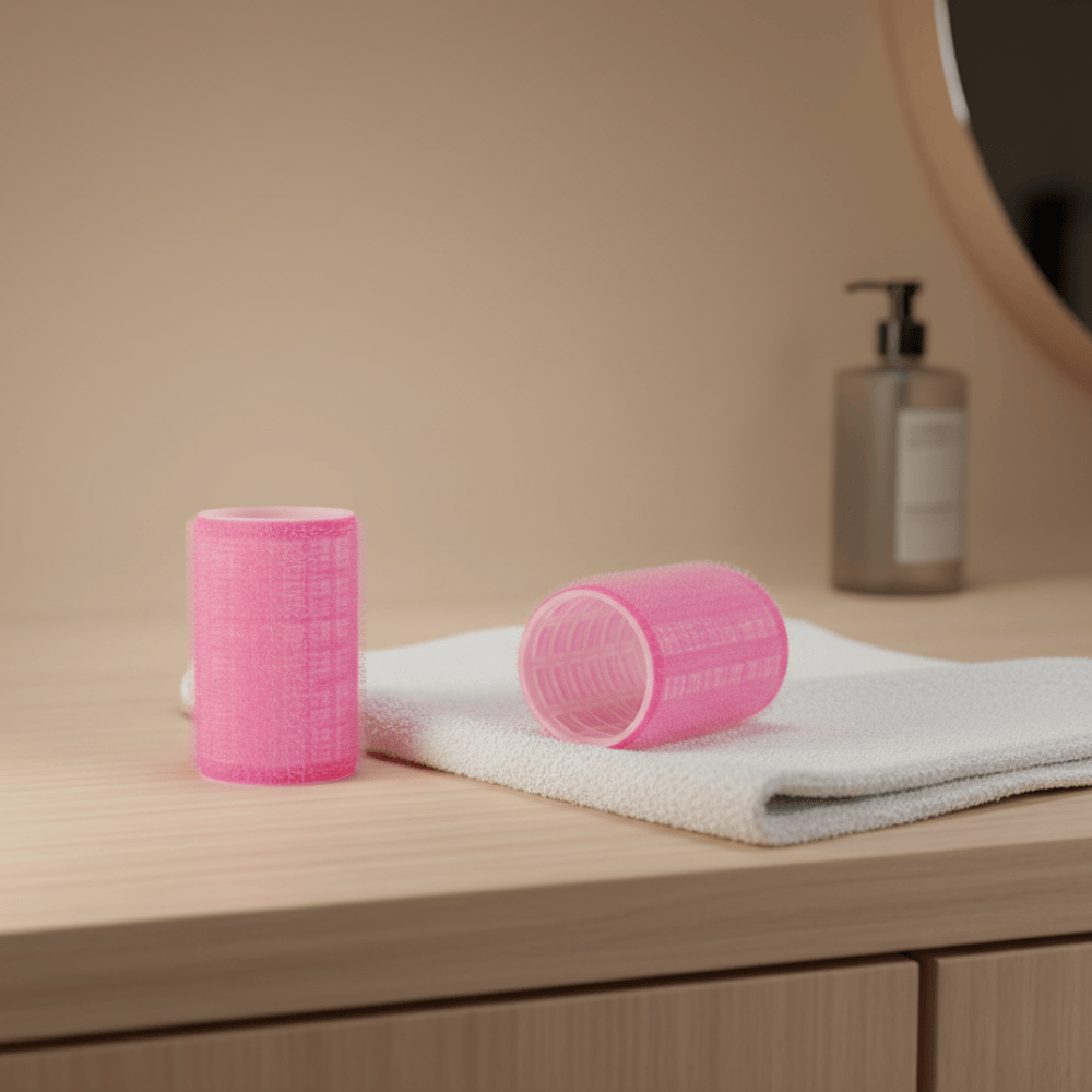 Pink Velcro hair rollers on a vanity towel beside mirror, ready for easy styling