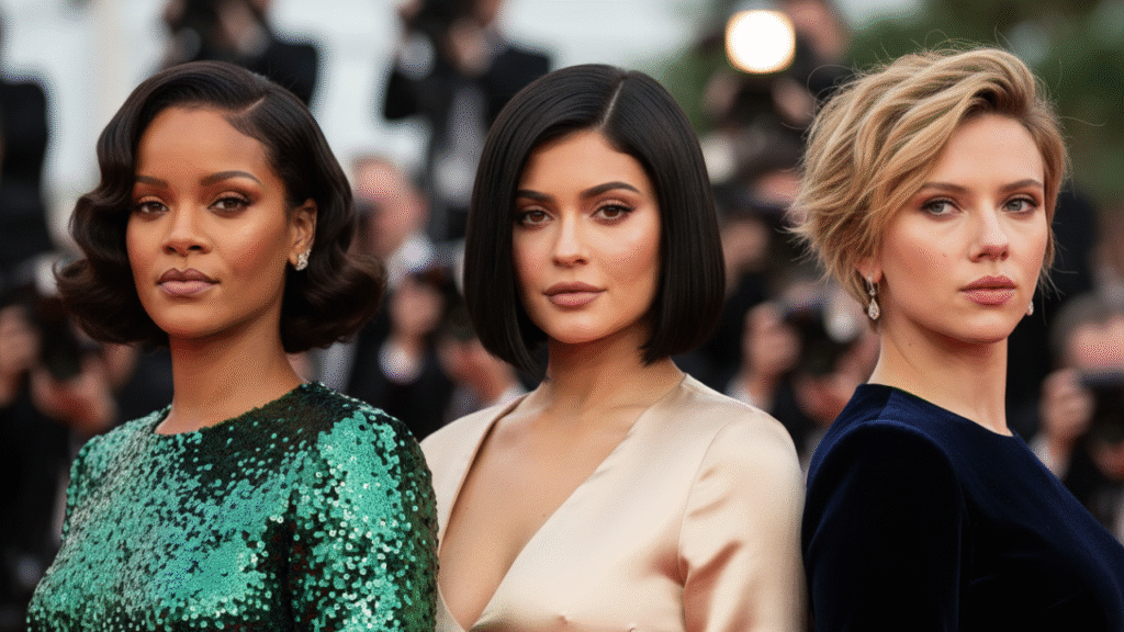 Rihanna, Kylie Jenner, and Scarlett Johansson posing side by side on the red carpet, each showcasing a different short hairstyle — glossy retro waves, sleek angled bob, and textured pixie cut.