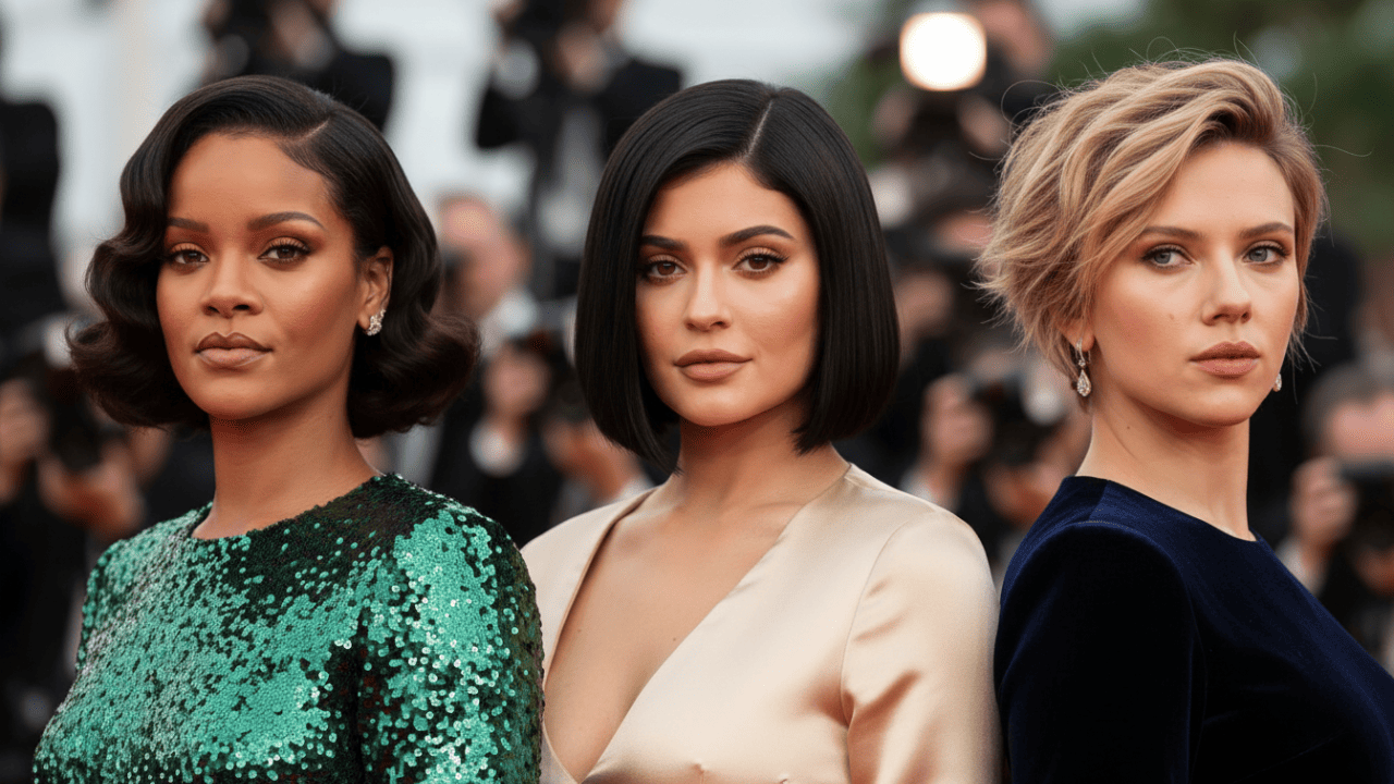 Rihanna, Kylie Jenner, and Scarlett Johansson posing side by side on the red carpet, each showcasing a different short hairstyle — glossy retro waves, sleek angled bob, and textured pixie cut.