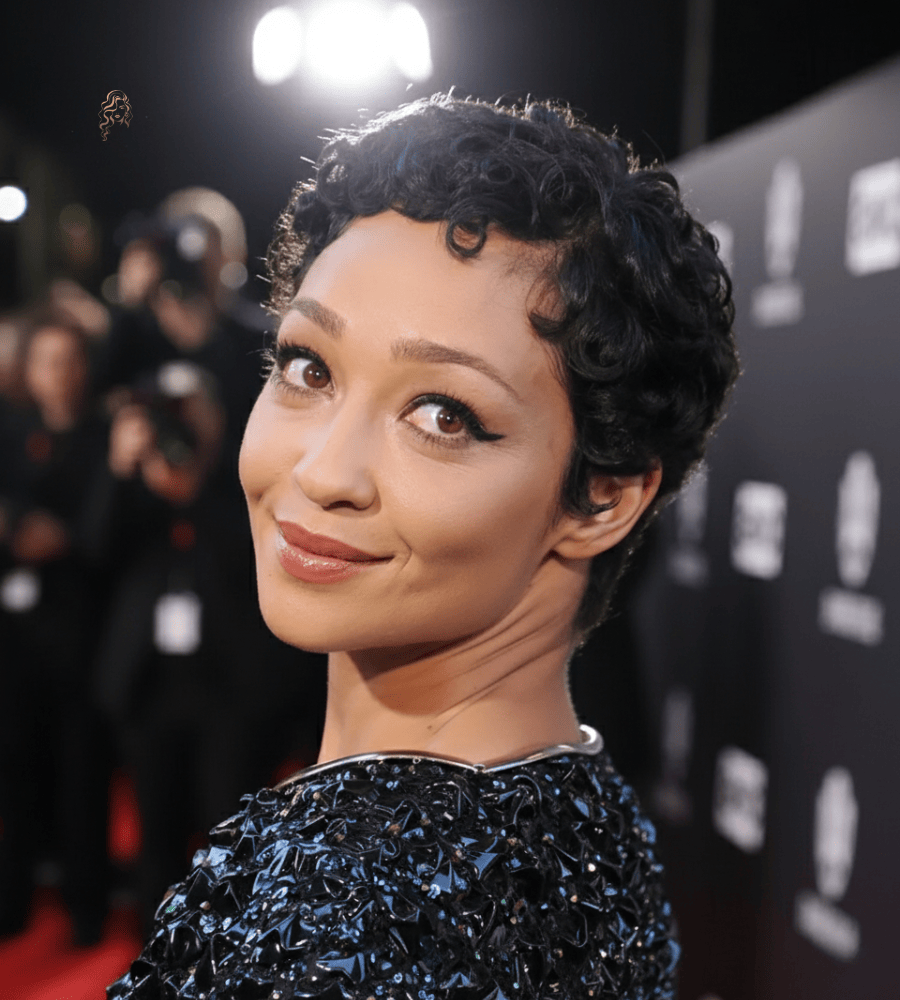 Ruth Negga with a vintage curly pixie featuring soft defined curls, rounded shape, and glossy texture for classic elegance.