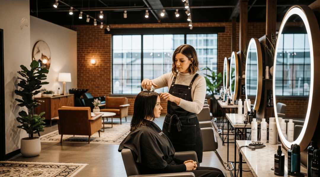 Stylist applying professional hair gloss treatment in an upscale salon.