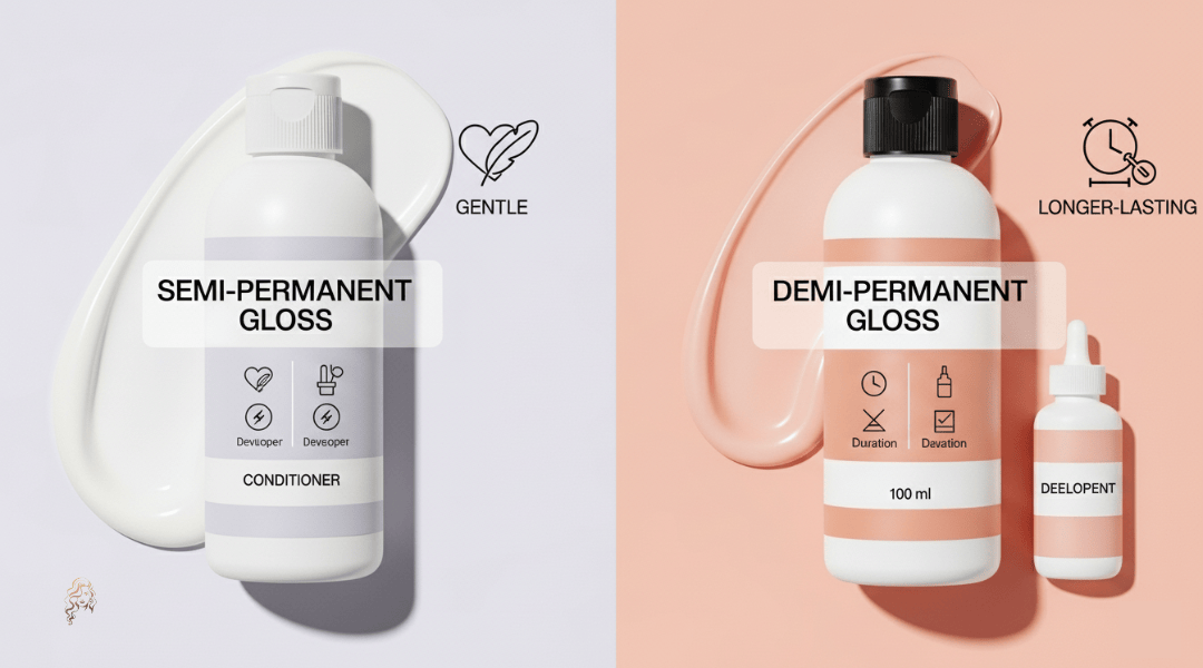 Comparison of semi vs demi permanent hair gloss with developer difference and risk profile